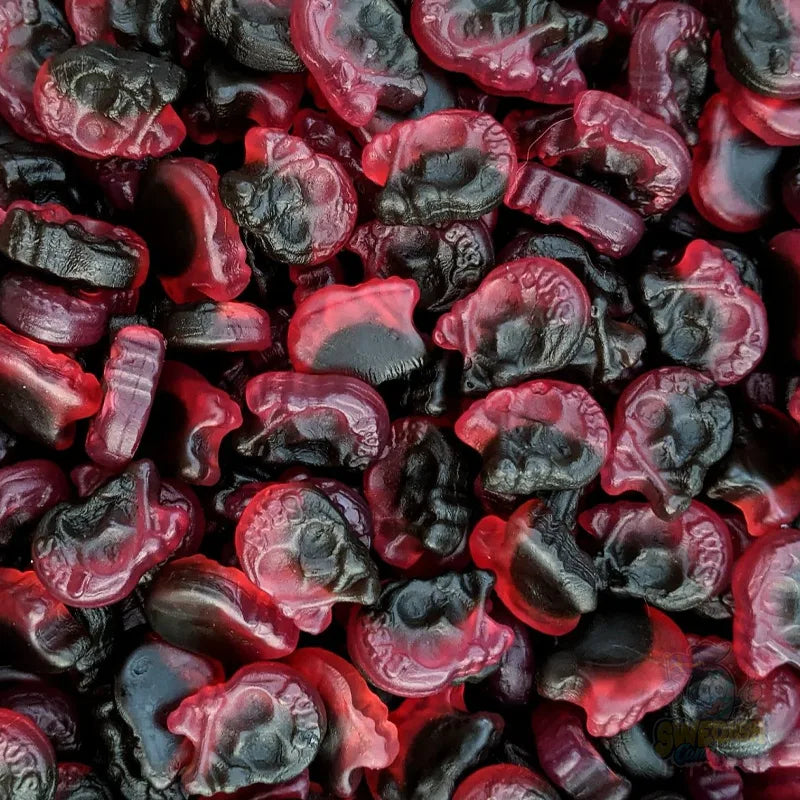 Close-up of red and black Bubs Raspberry/Liquorice Micro Skulls