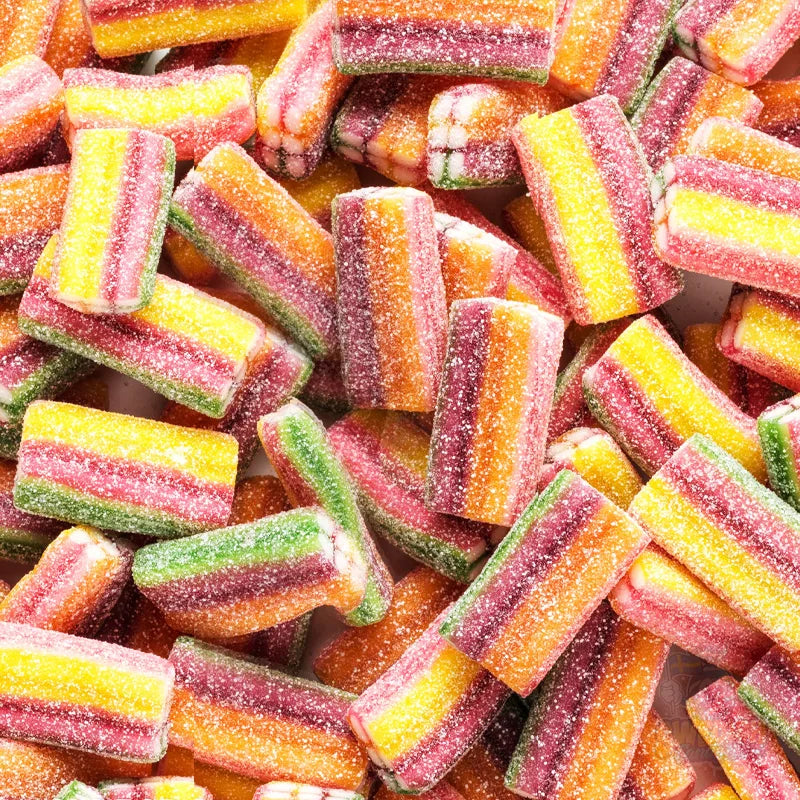 Colorful gummy candy sticks in various flavors.